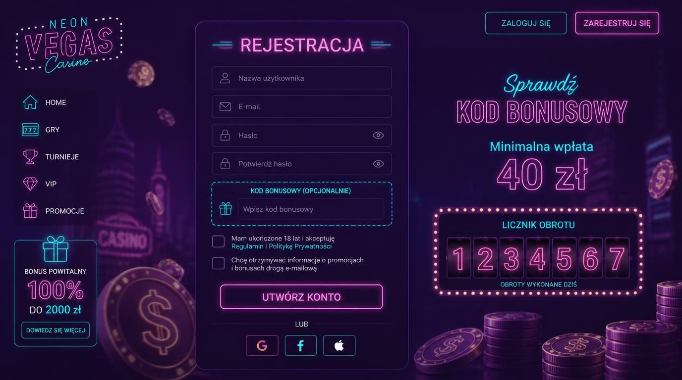 Interfejs odbioru bonusu w Neonvegas z kodem promocyjnym i minimalną wpłatą