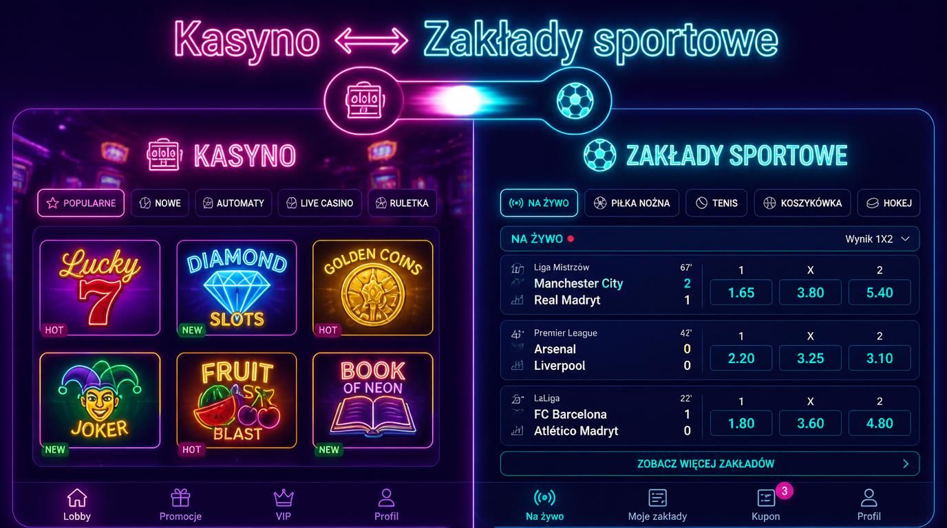 Widok kasyno i zakłady sportowe w jednym interfejsie z szybką zmianą