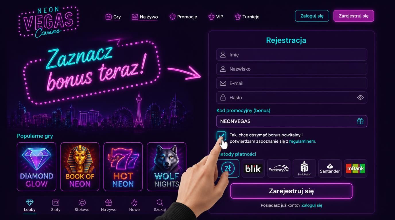 Formularz rejestracyjny z polem bonusu i zaznaczonym checkboxem „Welcome Offer”