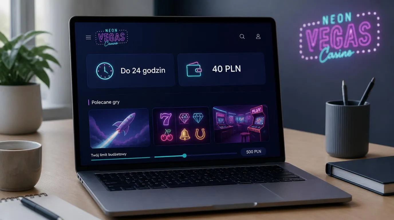 Panel kasyna z terminem wypłaty do 24 godzin, depozytem 40 PLN i kafelkami gier na ekranie laptopa
