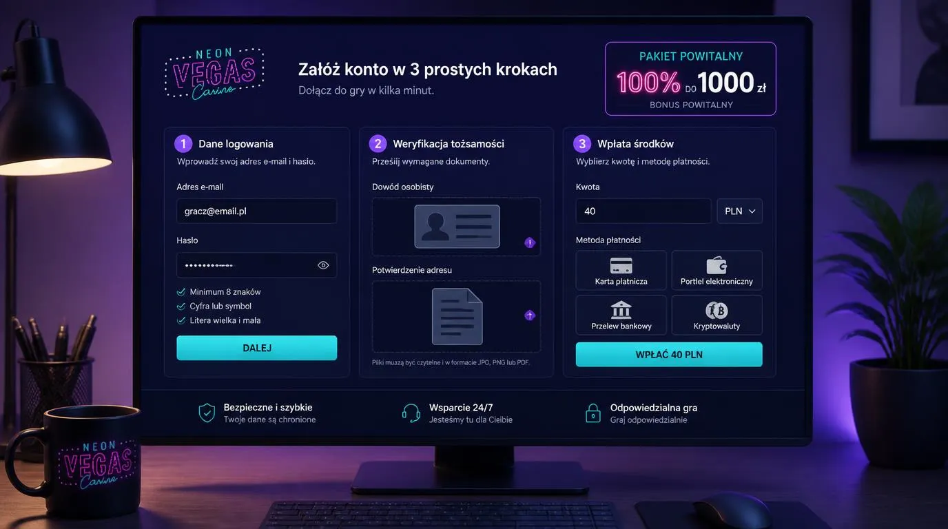 Panel konta kasynowego z formularzem rejestracji, weryfikacją dokumentów i wpłatą 40 PLN