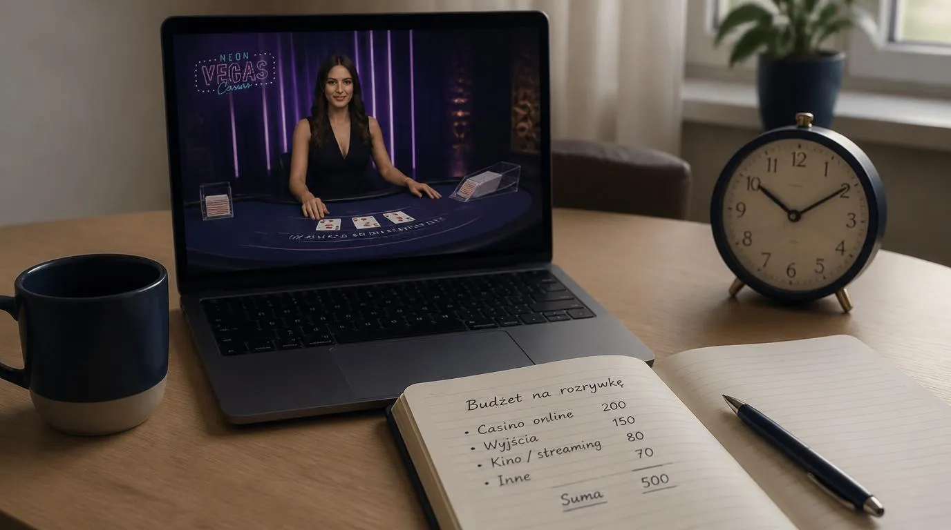 Laptop z grą z krupierem na żywo, obok zegar i notes z zapisanym budżetem na rozrywkę